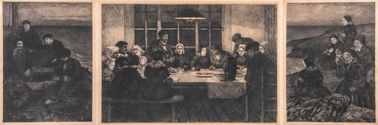 Charles Cottet, Triptyque des adieux : Au pays de la mer : Ceux qui s&rsquo;en vont - Le repas d&rsquo;adieu - Celles qui restent, 1909. | Colecci&oacute;n Zuloaga.